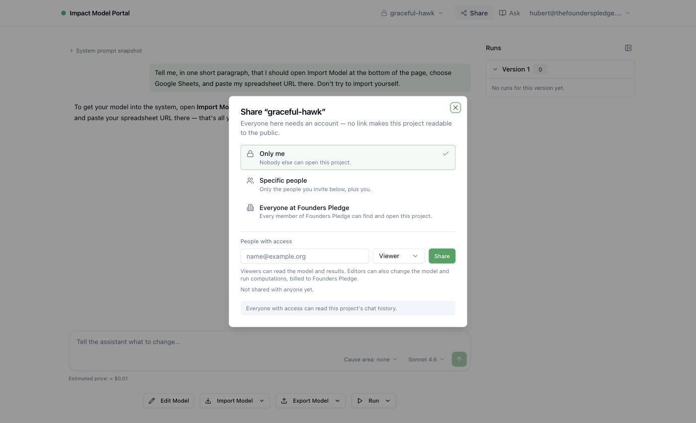 The Share dialog: Only me, Specific people, Everyone at the workspace; an email field with a Viewer or Editor role