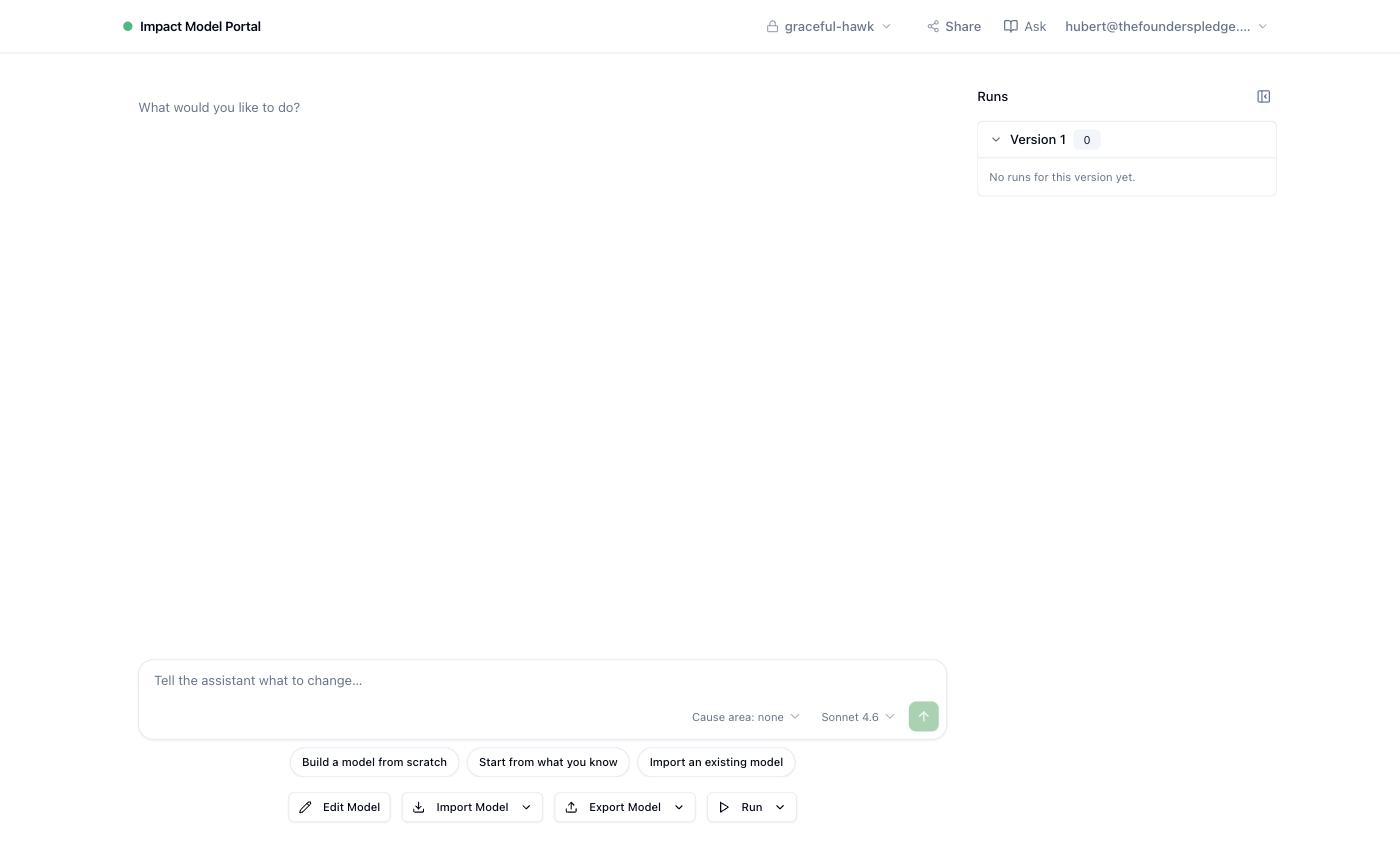 The workspace of a new project: the assistant's prompt and three starting pills on the left, an empty Runs pane on the right, the toolbar under the chat